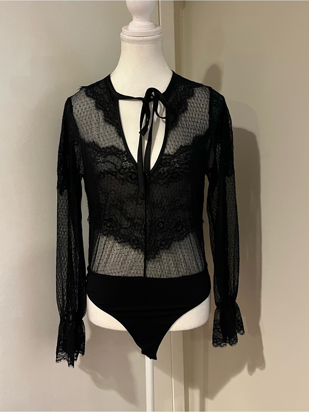 Privy Black Lace Sheer Tie-Neck Bodysuit - Women Tops